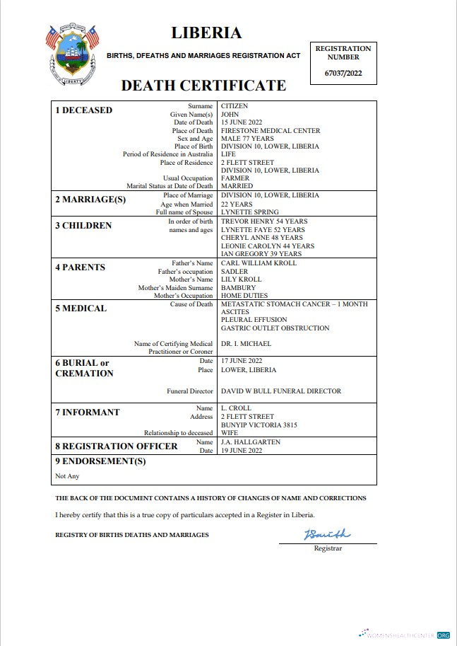Download Liberia death certificate Word and PDF template Photoshop template